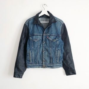 Levi's denim black leather trucker blue jean jacket vintage varsity baseball M